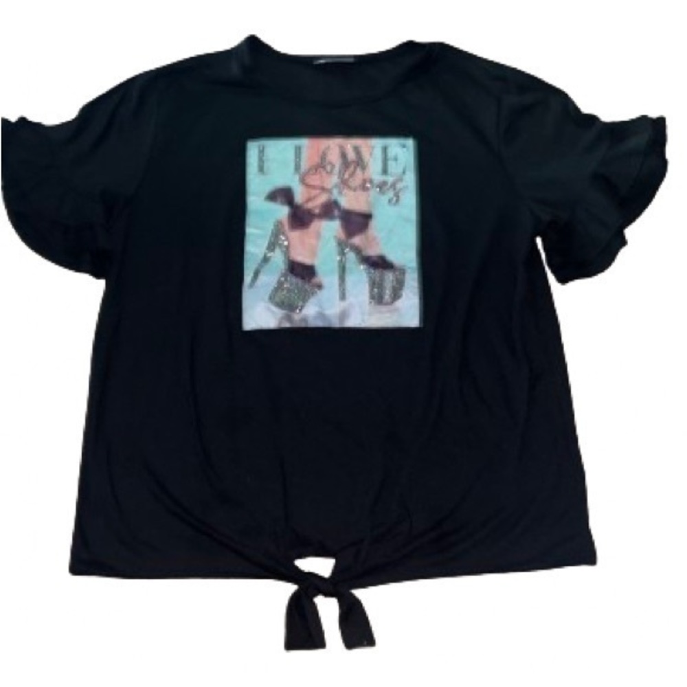 Davida black ruffle sleeve “I love shoes” studded top with tie accent size L